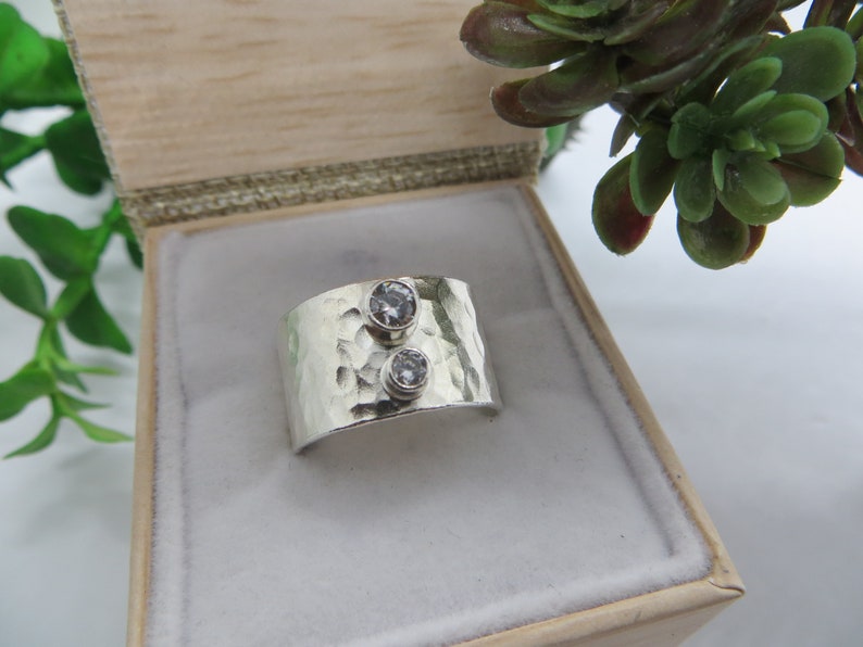 STERLING SILVER RING Wide Hammered Band 3mm /& 4mm Clear Faceted Cubic Zirconia unique ring statement ring women/'s rings jewelry gift for her