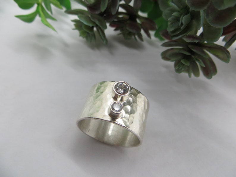 STERLING SILVER RING Wide Hammered Band 3mm /& 4mm Clear Faceted Cubic Zirconia unique ring statement ring women/'s rings jewelry gift for her