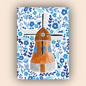 Moulin à vent hollandais avec carte postale fleurs bleues - Carte postale hollandaise - carte postcrossing - Carte postale Pays-Bas