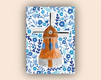 Dutch windmill with blue flowers postcard - Dutch postcard - postcrossing card - Netherlands postcard