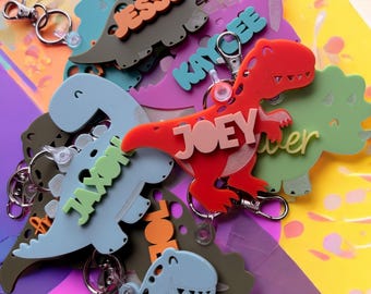 Custom Kids Dinosaur Bag Tag | Personalized Acrylic Name Tag | Kids Backpack Accessory Gift | School Backpack Name Label
