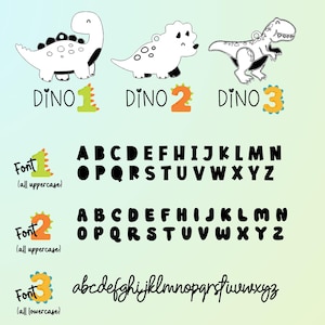 Może przedstawiać: Trzy czarno-białe ilustracje dinozaur&oacute;w z r&oacute;żnymi czcionkami. Pierwszy dinozaur to stegozaur, drugi to triceratops, a trzeci to tyrannosaurus rex. Czcionki są wszystkie wielkimi literami, wszystkie wielkimi literami i wszystkie małymi literami.