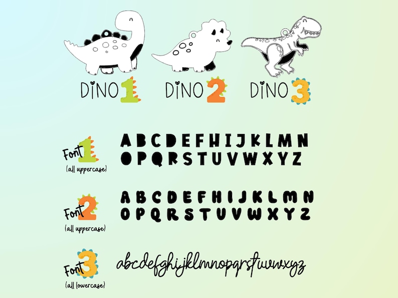 Może przedstawiać: Trzy czarno-białe ilustracje dinozaur&oacute;w z r&oacute;żnymi czcionkami. Pierwszy dinozaur to stegozaur, drugi to triceratops, a trzeci to tyrannosaurus rex. Czcionki są wszystkie wielkimi literami, wszystkie wielkimi literami i wszystkie małymi literami.