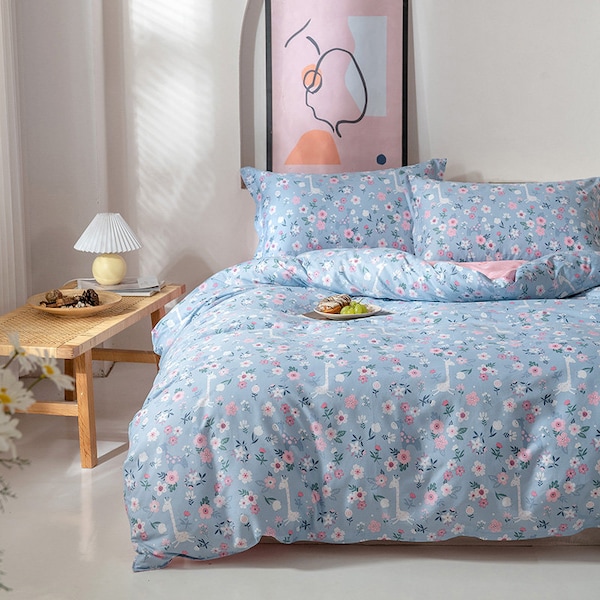 100 Pure Duvet Cover Bedding Set Floral Print Reverse Double/King Size with pillowcases Floral style Blue Sensitive Skin House Warming Gift