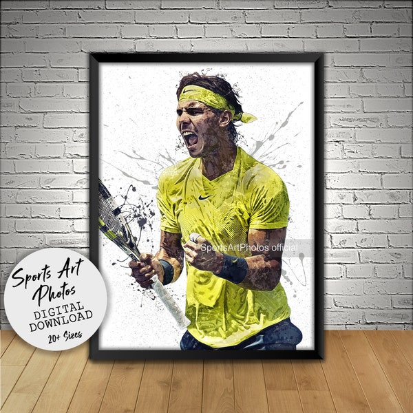 Affiche de Rafael Nadal, champion de tennis, art mural imprimable, téléchargement numérique, tennis, ATP, cadeau homme des cavernes, art du sport