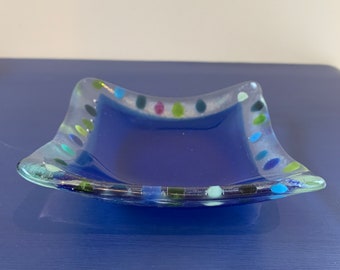 Blue fused glass jewellery, soap dish or tray