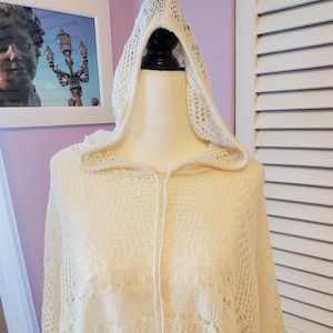 Light Spring Summer Hand-knitted Poncho Hooded Viscose Airy Openwork for Women One Size in Off White READY TO SHIP