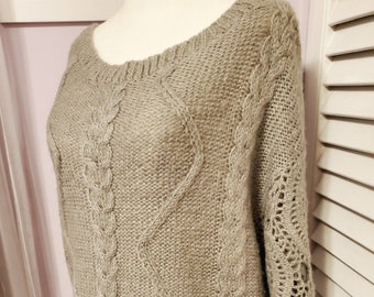 Warm Soft Handknitted Pullover Jumper Sweater Crew Neck Cable Knit Crochet Sleeves or Women Wool Blend READY TO SHIP