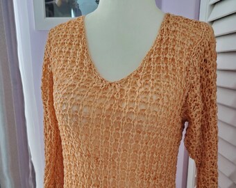 Pullover lavorato a mano primaverile ed estivo in misto cotone spesso color arancione bruciato, a mezza manica, per donna, PRONTO PER LA SPEDIZIONE