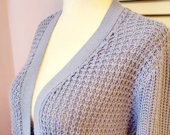 Elegant Long Hand-knitted Cardigan with Pockets in Light Blue Long Sleeves Spring Summer Women READY TO SHIP