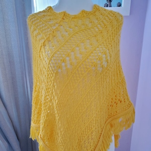 Versatile Spring Summer Hand-knitted Openwork Cotton Poncho for Women with Tassel in Yellow Color READY TO SHIP