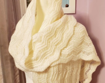 Elegant Warm Hand-knitted Scarf Shawl Wrap for Women Mohair Blend in Ivory White READY TO SHIP