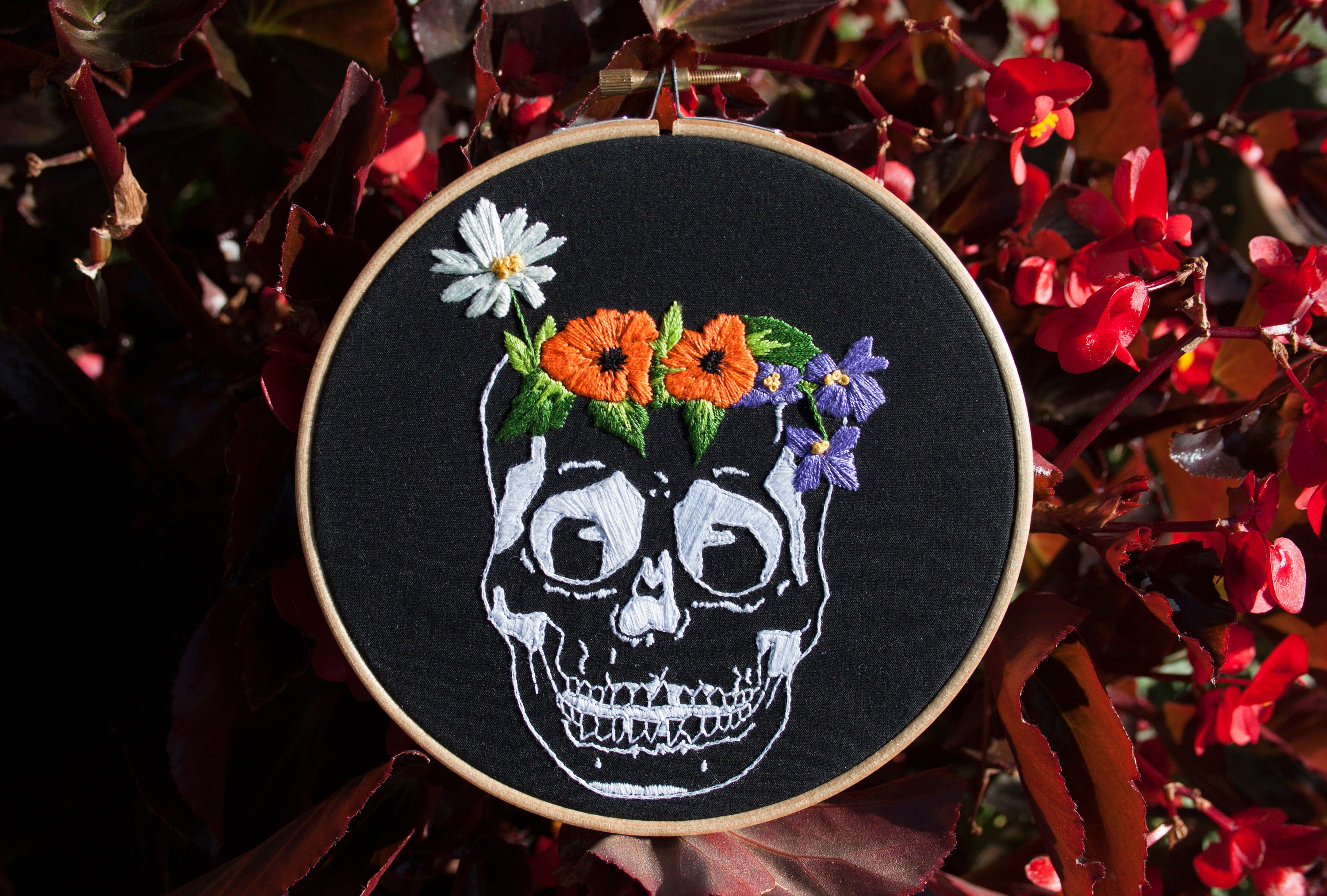 Hand embroidered skull and flowers embroidery design home  etsy Hand embroidered skull and flowers embroidery design home  etsy