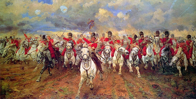 May include: A painting depicting a cavalry charge, with soldiers in red uniforms riding white horses. The soldiers are holding swords and riding towards the viewer. The background is a cloudy sky.