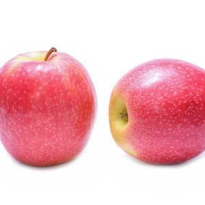 May include: Two red apples with a slightly yellow hue, one with a stalk, on a white background.