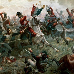 May include: A painting depicting a battle scene with soldiers on horseback and on foot, fighting with swords and muskets. The scene is set in a field with smoke and dust in the air. The painting is in a realistic style and features detailed depictions of the soldiers' uniforms and weapons.