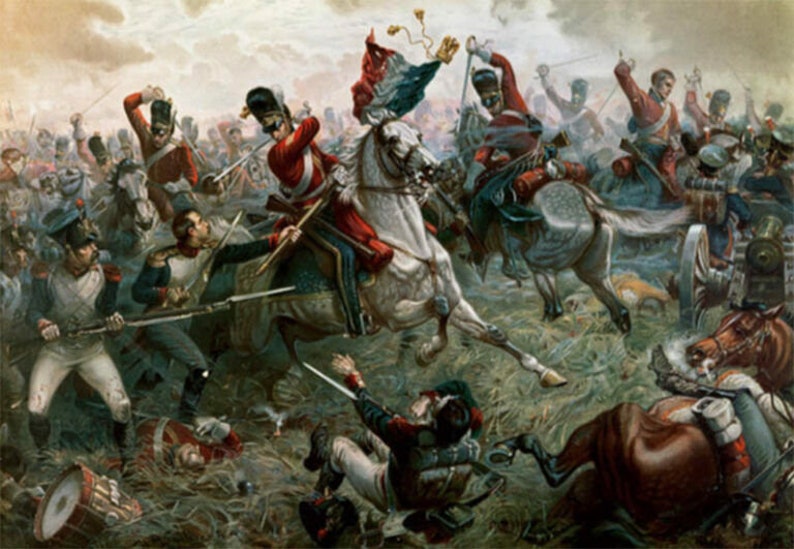 May include: A painting depicting a battle scene with soldiers on horseback and on foot, fighting with swords and muskets. The scene is set in a field with smoke and dust in the air. The painting is in a realistic style and features detailed depictions of the soldiers' uniforms and weapons.