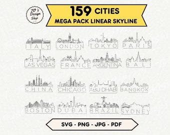 159 Städte Skyline, MEGA Pack Lineare Städte Länder, Städte Skyline Silhouette Städte pdf, jpg, svg, png, Digital Download-Cut Ready Dateien