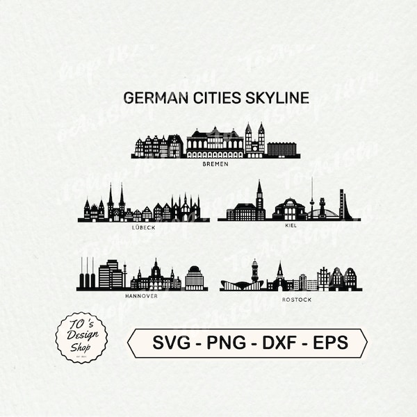 Deutschland SKYLINE 5 Städte Umriss Silhouette Vektorgrafik Bremen, Kiel, Lübeck, Hannover, Rostock svg eps png