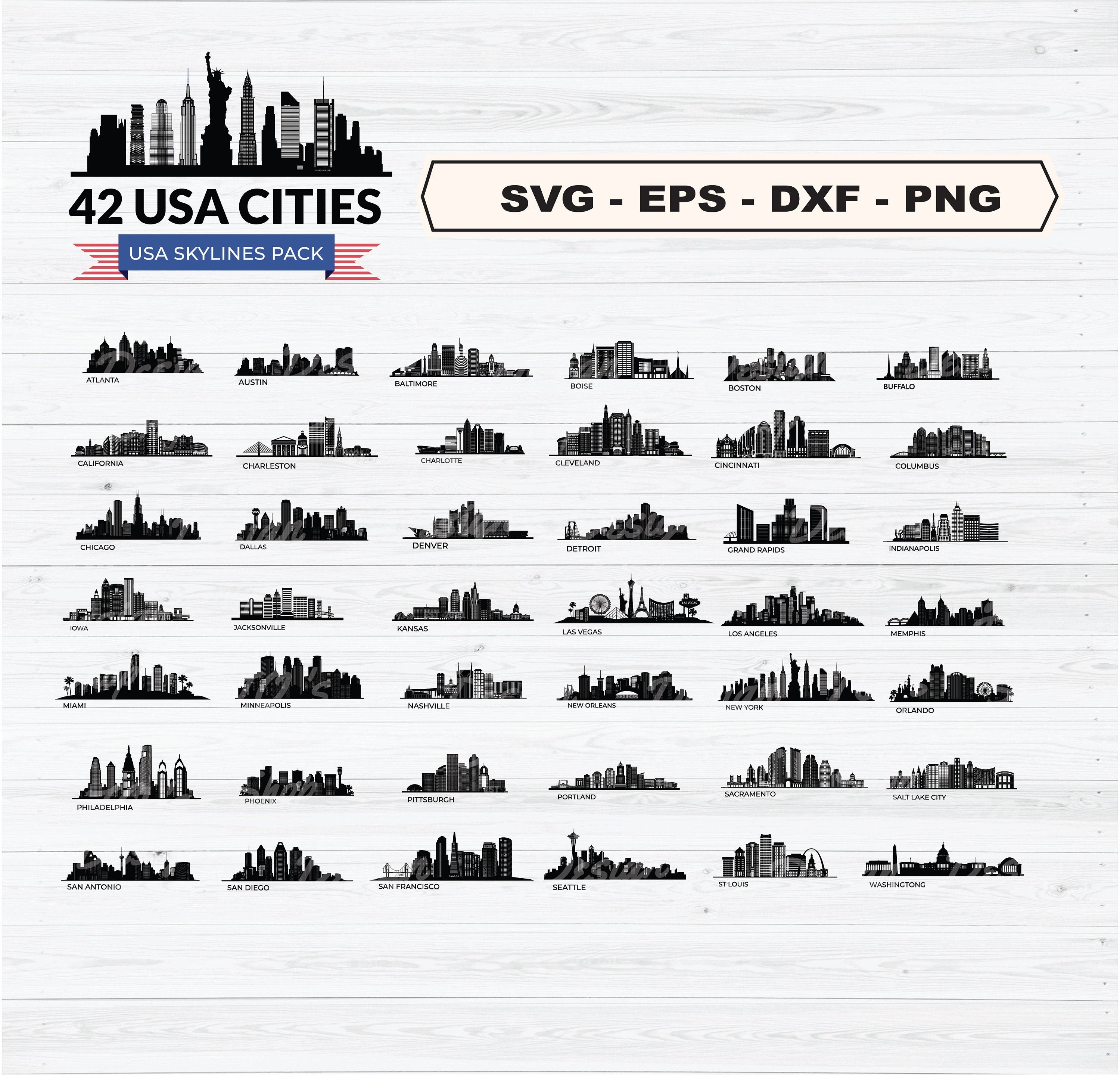 42 USA Skyline Cities Svg, USA Cities Skyline Svg, Silhouette USA