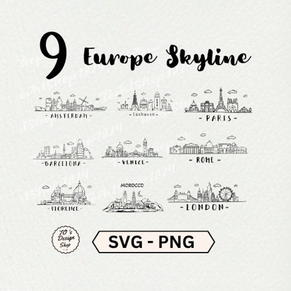9 Europe Skylines cities,Europe illustrated SVG, cute Europe  City Vector, london, paris, rome