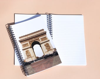 Cuaderno París - Arco del Triunfo, papelería estética, diario de viaje, tamaño 139 x 216 mm, encuadernación en espiral, 80 páginas rayadas, vuelta al cole