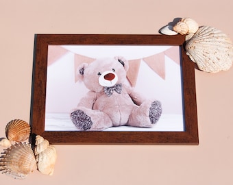 Framed teddy bear photo - brown frame, A4, neutral, nursery, new baby, baby shower, cuddly bear, wall decor