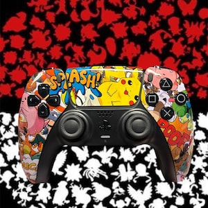 May include: A black PlayStation 5 controller with a colorful Pokemon themed skin. The skin features various Pokemon characters, including Pikachu, Charmander, and Bulbasaur. The controller has a black background with white and red accents.