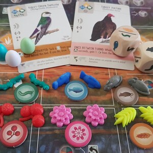 May include: A game board with various colorful game pieces, including birds, eggs, flowers, leaves, and caterpillars. There are also two wooden dice with different animal illustrations. The game board has a light brown background with a white circle in the center.