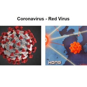 May include: A microscopic image of a red coronavirus, a 3D model of a red virus on a map of the world with the word "HONG" visible.