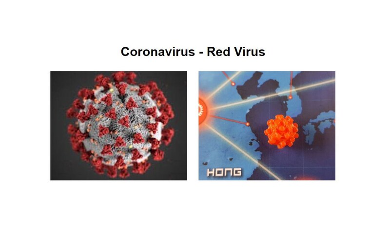 May include: A microscopic image of a red coronavirus, a 3D model of a red virus on a map of the world with the word "HONG" visible.