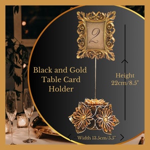 Porte-numéros de table de mariage noir et or pour table, porte-cartes noir, porte-enseigne de fête Gatsby, porte-cartes fleur