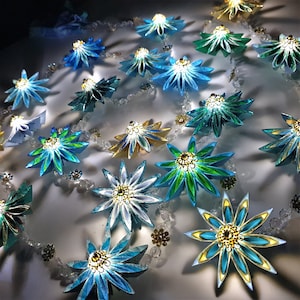 Blue Green Gold Paper Starflower Fairy Light Garland, Handmade Christmas Lights, Holiday Mantle Decor LED Tree Lights Table Centerpiece