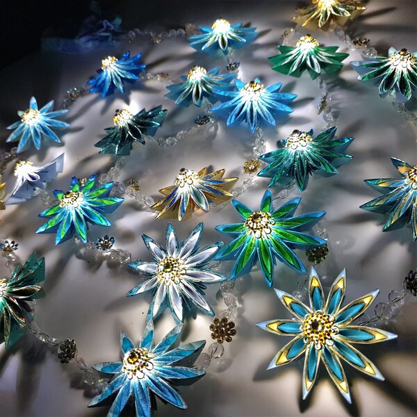 3m/118-inch Starflower Fairy light garland with 20 Beautiful Blue Green Gold and Turquoise starflowers, origami fairy lights, Unique Gift