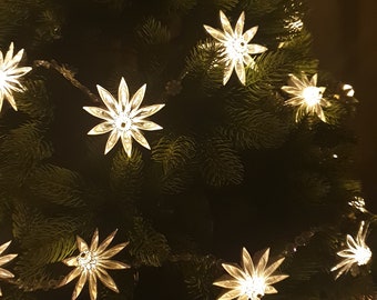 Festive Fairy lights with origami Star flowers an elegant Christmas Garland for Tree, Mantle or Table Display, Festive Gift of String Lights