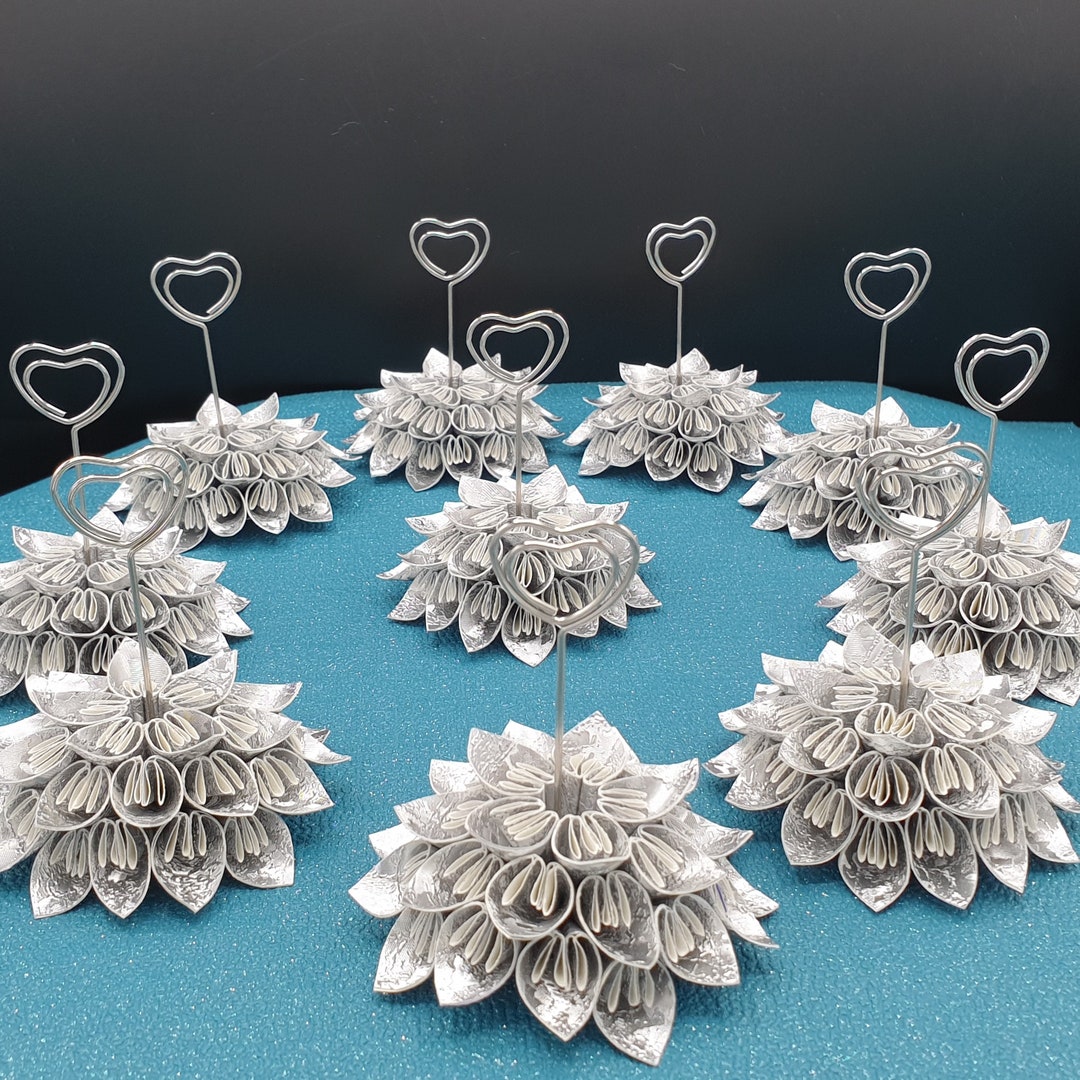 10 Silver Flower Place Card Holders With Heart Card Holder, Silver