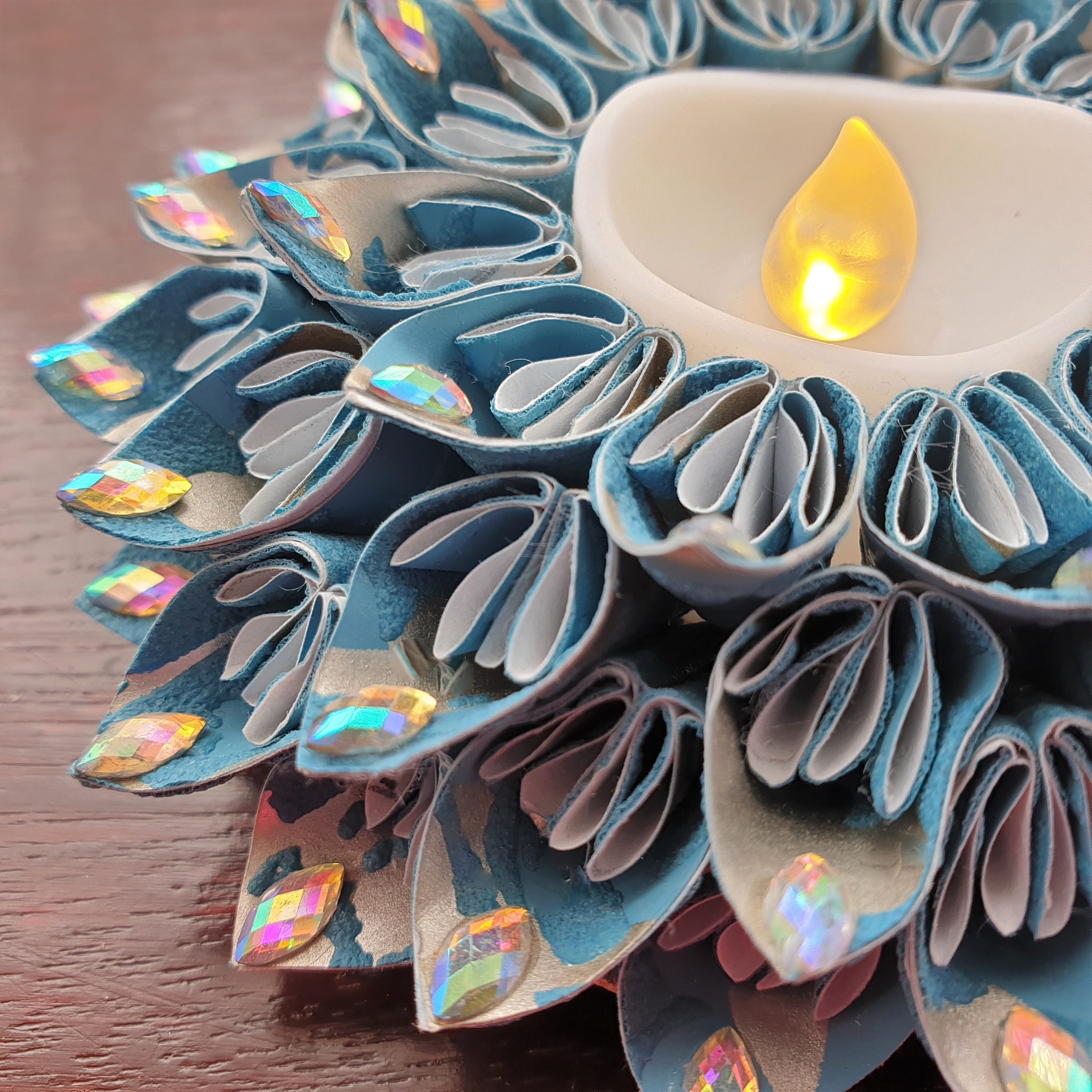 2Teal Blue Flower LED tea light holder set of 2 with LED Etsy