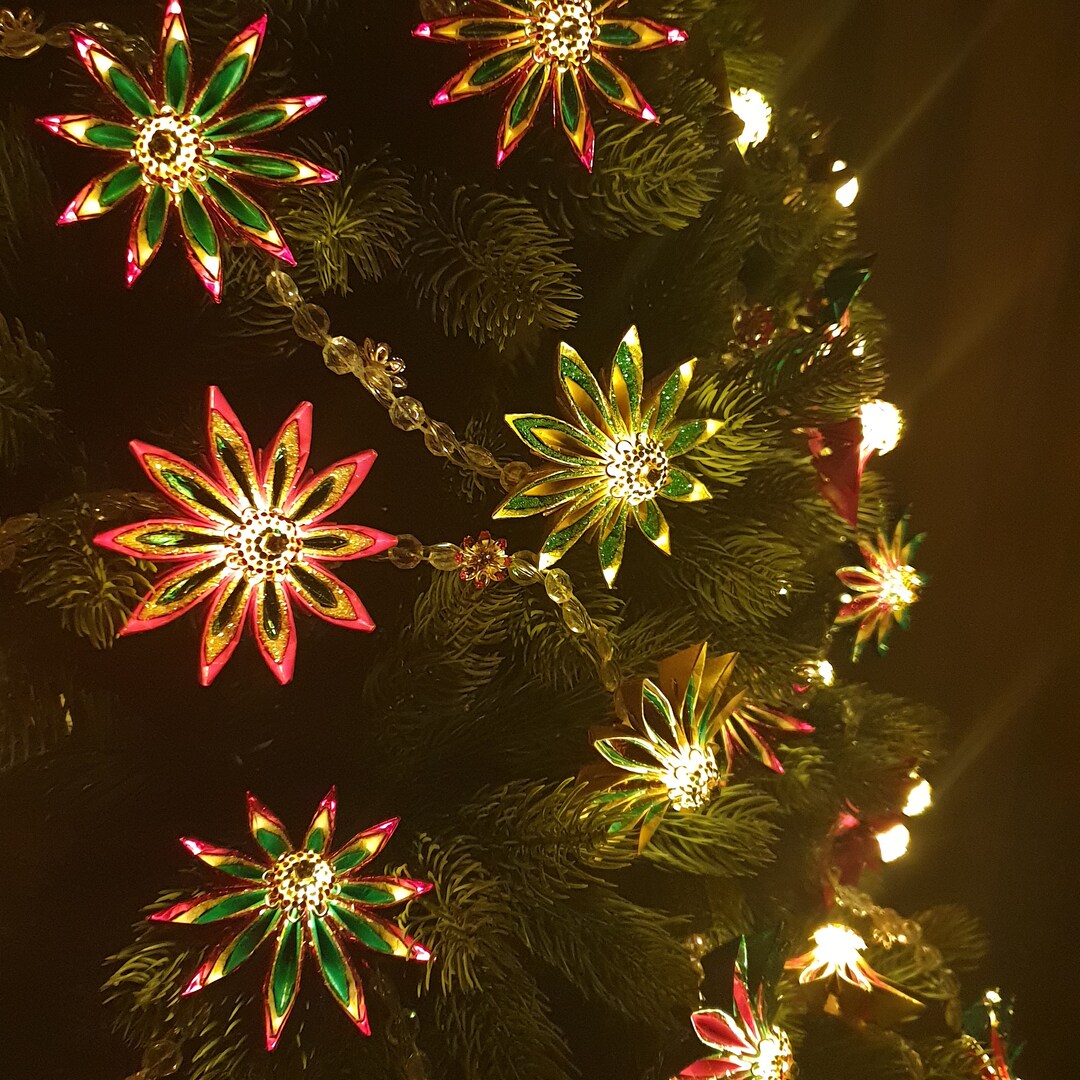 Origami Starflower Fairy Lights, Red Green Gold Christmas Garland - Etsy