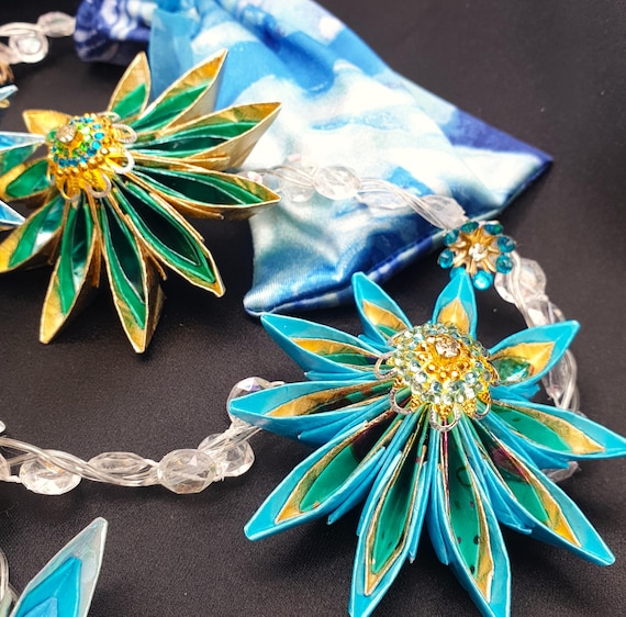 Blue Green Gold Starflower Fairy Lights, Handmade Paper Flower