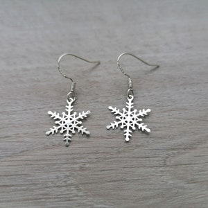 Könnte beinhalten: Ein Paar silberne Schneeflockenohrringe mit einem filigranen Design. Die Ohrringe sind aus Metall und haben einen schlichten, eleganten Look.