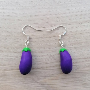 Aubergine emoji eggplant polymer clay dangle earrings with sterling silver hooks