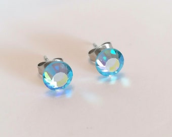 Iridescent blue swarovski style stud earrings | silver plated studs | blue stud earrings