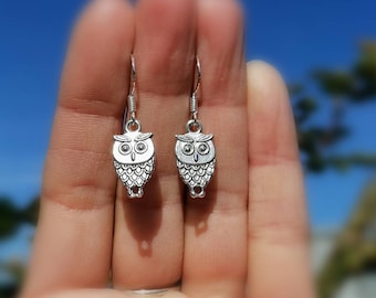 May include: A pair of silver owl dangle earrings. The owls have detailed features and are hanging from silver hooks.