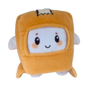 May include: A plush toy shaped like a square cardboard box with a tan exterior and a white face. The face features embroidered black eyes, a small smile, and pink blush marks. A white flap is visible on top, and small white arms extend from the sides.