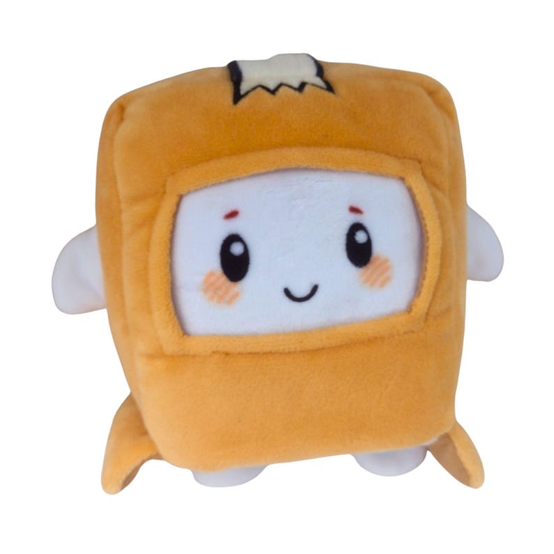 May include: A plush toy shaped like a square cardboard box with a tan exterior and a white face. The face features embroidered black eyes, a small smile, and pink blush marks. A white flap is visible on top, and small white arms extend from the sides.