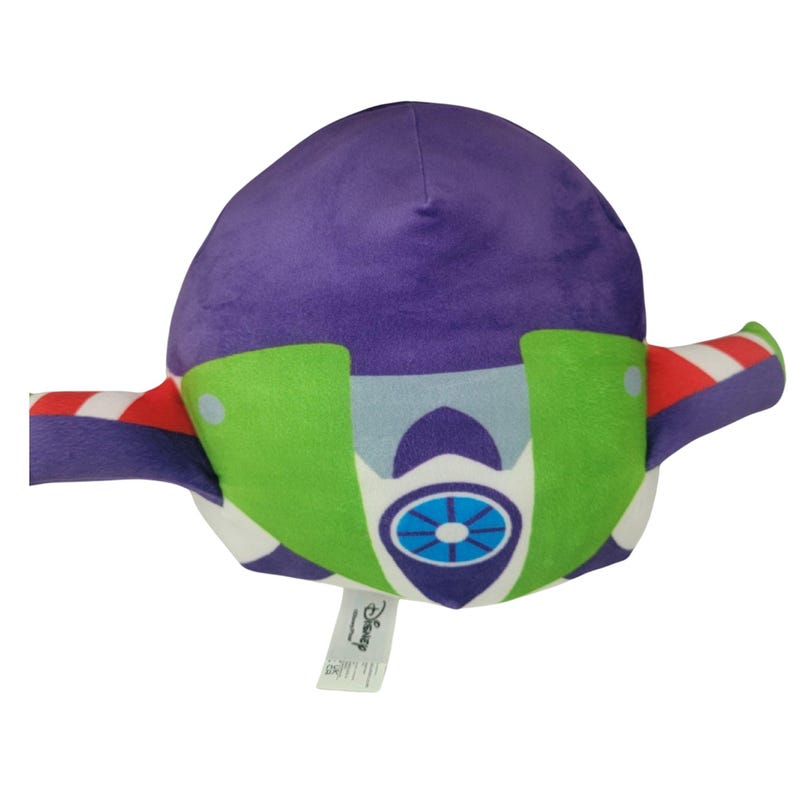 May include: A plush toy of Buzz Lightyear from the Disney Pixar Toy Story franchise. The toy features a purple helmet, green and white body, and red and white striped wings. The toy has a Disney tag.