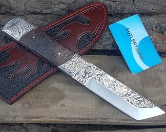 Handmade Engraved Knife - 9.75" - Engraved Tanto D2 Steel Skinner Knife - Full Tang Skinner Knife - Rose Wood - Handmade Fixed Blade Knife
