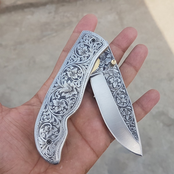 Engraved Folding Knife - Prestigious Handmade Engraved Pocket Knife - D2 Steel Engraved Blade - Handmade Folding Knife - Folding Knife Gifts
