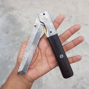 Handmade Folding Knife - Prestigious Handmade Damascus Steel Tanto Pocket Knife - Wenge Wood - Wood Box - Folding Knife Gifts - Tanto Knife