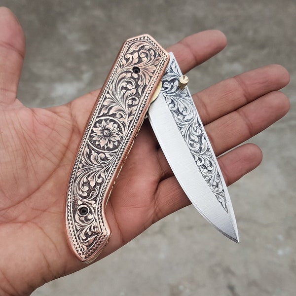 Handmade Engraved Folding Knife - Prestigious D2 Steel Engraved Pocket Knife - Engraved Copper Knife - Anniversary Gifts - Engraved Knife